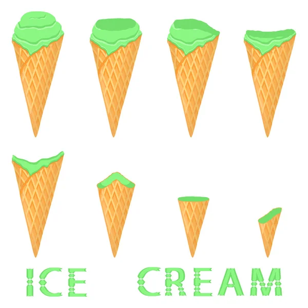 在华夫饼锥上的天然醋栗冰淇淋的矢量插图 冰淇淋模式包括甜冷冰淇淋 美味的冷冻甜点 各式各样中猕猴桃的新鲜果香 — 图库矢量图片