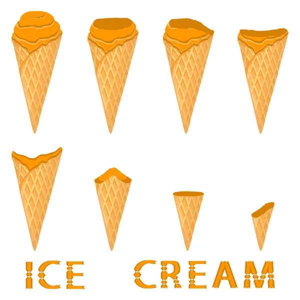 Vector illustration for natural persimmon ice cream on waffle cone. Ice Cream pattern consisting of sweet cold icecream, tasty frozen dessert. Fresh fruit icecreams of persimmon in wafer cones.