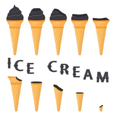 Doğal siyah buz üzerinde gözleme koni krem için vektör çizim. Oluşan dondurulmuş tatlı tatlı soğuk dondurma ile lezzetli dondurma desen. Gofret koni içinde siyah taze meyve icecreams.