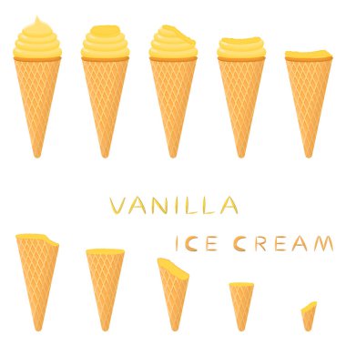 Vektör çizim için doğal vanilyalı dondurma waffle koni üzerinde. Oluşan dondurulmuş tatlı tatlı soğuk dondurma ile lezzetli dondurma desen. Gofret koni içinde vanilya taze meyve icecreams.