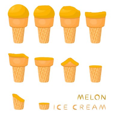 Vektör çizim için doğal karpuz dondurma waffle koni üzerinde. Oluşan dondurulmuş tatlı tatlı soğuk dondurma ile lezzetli dondurma desen. Kavun gofret koni içinde taze meyve icecreams.