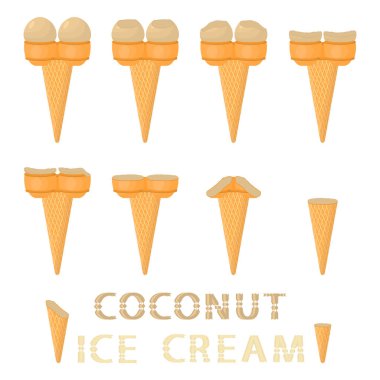 Vektör çizim için doğal Hindistan cevizi dondurma waffle koni üzerinde. Oluşan dondurulmuş tatlı tatlı soğuk dondurma ile lezzetli dondurma desen. Taze meyve icecreams gofret koni içinde Hindistan cevizi.