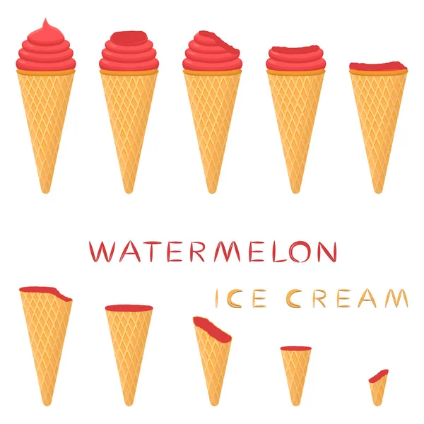 Vektorové Ilustrace Pro Přirozené Meloun Zmrzliny Vafle Kužel Ice Cream — Stockový vektor