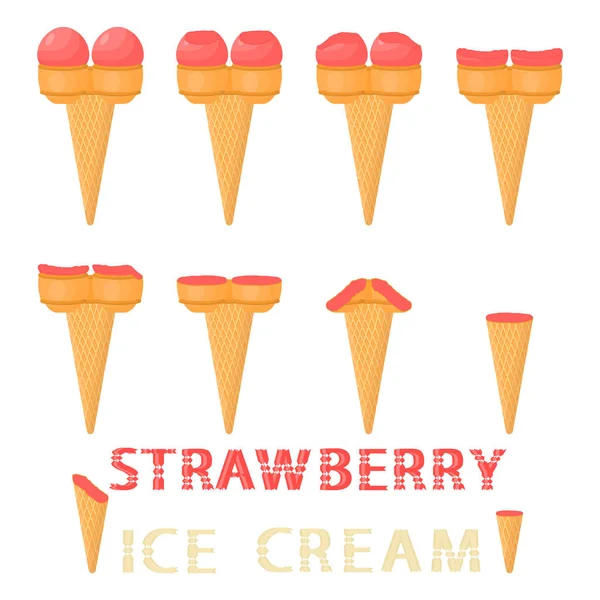 Vector Illustration Natural Strawberry Ice Cream Waffle Cone Ice Cream — Stock Vector