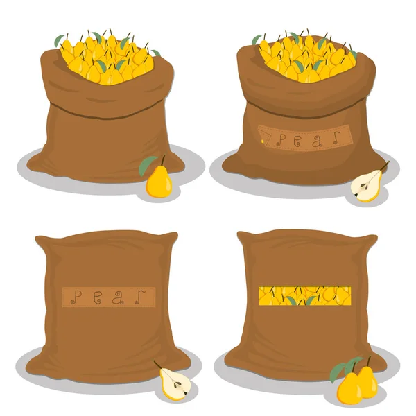 バッグのベクター アイコン イラスト ロゴは黄色のフルーツ梨は 袋内のストレージに満ちています 熟した食品 オープン袋に生の製品から成る梨パターン エコ袋 完全ダブダブ バッグからおいしい梨 — ストックベクタ