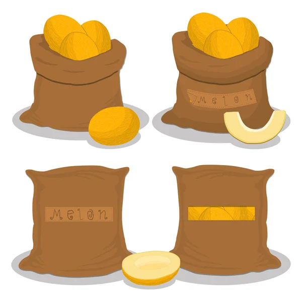 バッグのベクトル図のロゴは黄色の果物メロン 袋内のストレージに満ちています 熟した食品 オープン袋に生の製品から成るメロン パターン エコ袋 完全ダブダブ バッグからおいしいはちみつメロン — ストックベクタ