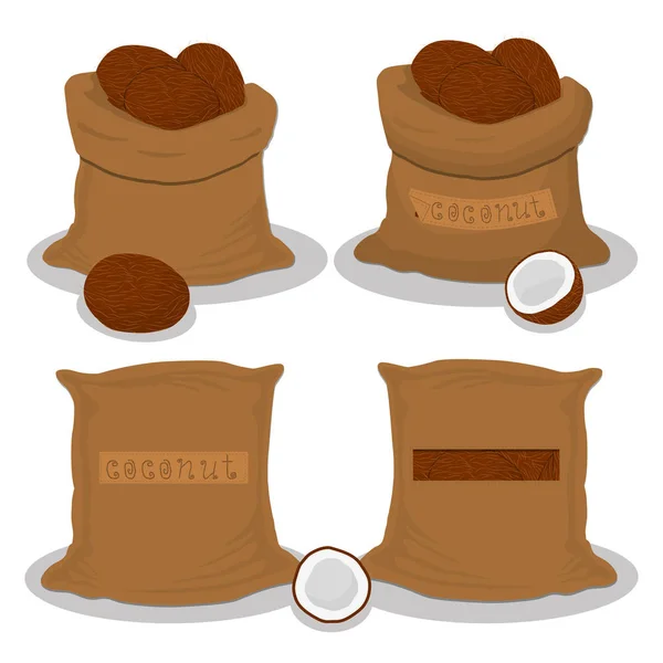 バッグのベクター アイコン イラスト ロゴは茶色ナット ココナッツ 袋内のストレージに満ちています 熟した食品 オープン袋に生の製品から成るココナッツ パターン エコ袋 — ストックベクタ