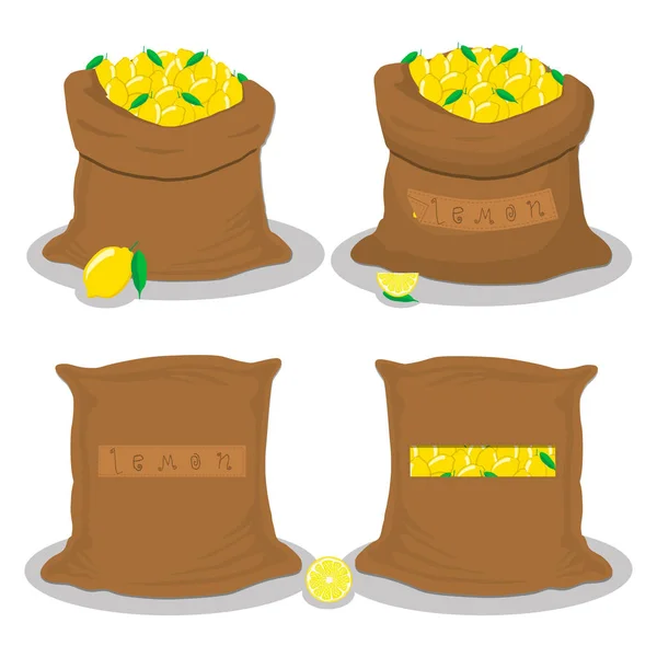 バッグのベクター アイコン イラスト ロゴはシトラス イエロー レモン 袋内のストレージに満ちています 熟した食品 オープン袋に生の製品から成るレモン パターン — ストックベクタ