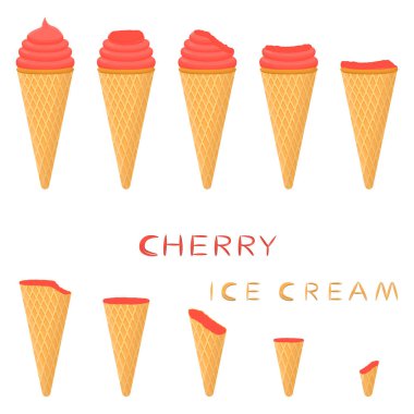 Vektör çizim için doğal kiraz dondurma waffle koni üzerinde. Oluşan dondurulmuş tatlı tatlı soğuk dondurma ile lezzetli dondurma desen. Kiraz gofret koni içinde taze meyve icecreams.