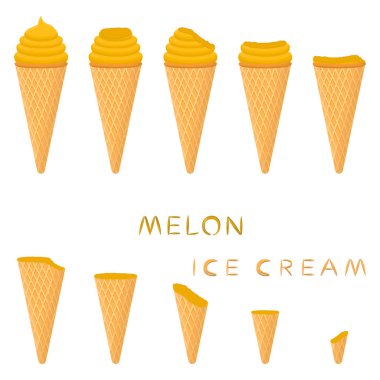 Vektör çizim için doğal karpuz dondurma waffle koni üzerinde. Oluşan dondurulmuş tatlı tatlı soğuk dondurma ile lezzetli dondurma desen. Kavun gofret koni içinde taze meyve icecreams.