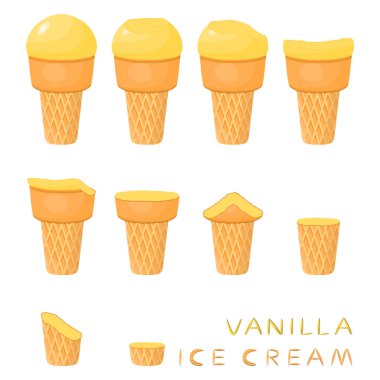 Vektör çizim için doğal vanilyalı dondurma waffle koni üzerinde. Oluşan dondurulmuş tatlı tatlı soğuk dondurma ile lezzetli dondurma desen. Gofret koni içinde vanilya taze meyve icecreams.