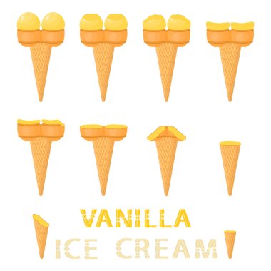 Vektör çizim için doğal vanilyalı dondurma waffle koni üzerinde. Oluşan dondurulmuş tatlı tatlı soğuk dondurma ile lezzetli dondurma desen. Gofret koni içinde vanilya taze meyve icecreams.