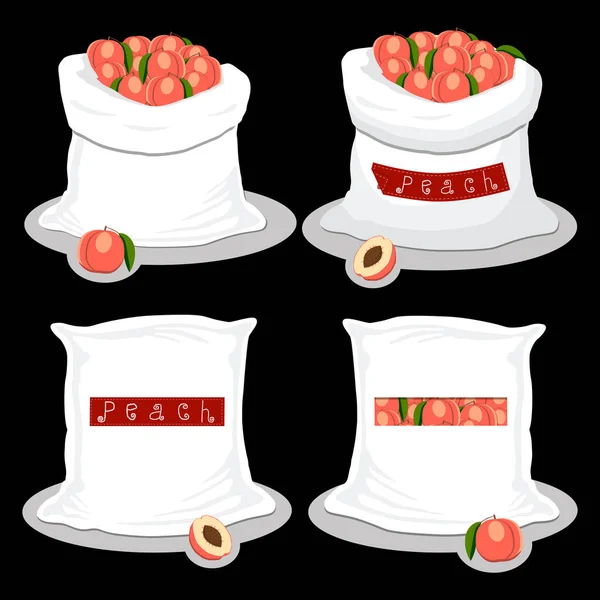 バッグのベクター アイコン イラスト ロゴは果物桃 袋内のストレージに満ちています 熟した食品 オープン袋に生の製品から成る桃パターン エコ袋 完全ダブダブ バッグからおいしいフルーツ — ストックベクタ