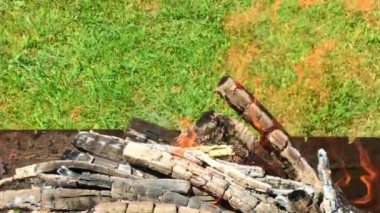 Dilimlenmiş tahtadan çıkan güzel kırmızı ateş, metal brazier 'ın içinde koyu gri siyah kömür. Parlak sarı ateşte, brazier 'da odun yanıyor. Alevler barbekü pişirmeye hazırlanıyor. Brazier doğa bbq üzerine.