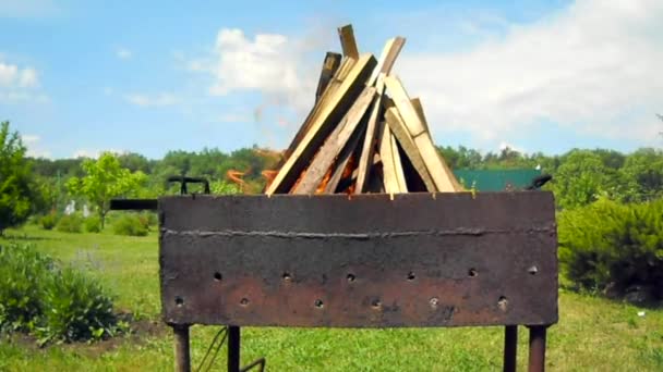 スライス木材 金属火鉢内の暗い灰色の黒い石炭からの美しい赤い火 明るい黄色の火に火鉢で薪燃焼 炎はバーベキューを調理するための準備を発射する 自然Bq上のブラジル人 — ストック動画