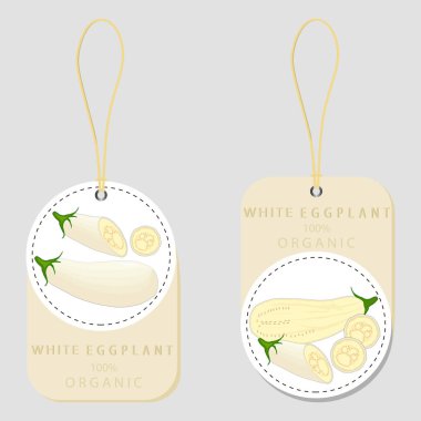 Vektör simge illüstrasyon logo için bütün Konfit sebze beyaz patlıcan, yeşil kök ile yarım patlıcan. Oluşan uzun dilim çiğ sebze patlıcan patlıcan desen. Tatlı beyaz patlıcan yemek.