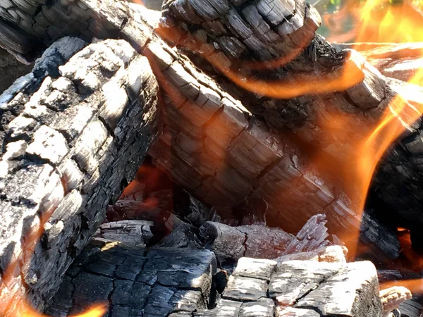 Beautiful red flame from slice wood, dark grey black coals inside metal brazier. Wood burning in the brazier on bright yellow flame. Flames fire preparation for cooking barbecue. Brazier on fires coal