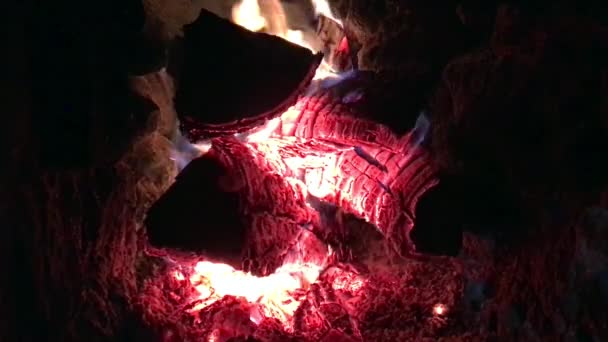 Beautiful Red Fire Slice Wood Dark Grey Black Coals Metal — Stock Video