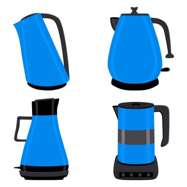 Vektör çizim renkli elektrikli çaydanlıklar, kaynar su stand kümesi için. Demir elektrikli su ısıtıcısı kulplu emzik sıvı boşaltma için oluşan çaydanlık desen. Tencere, Çaydanlık kahve çay.