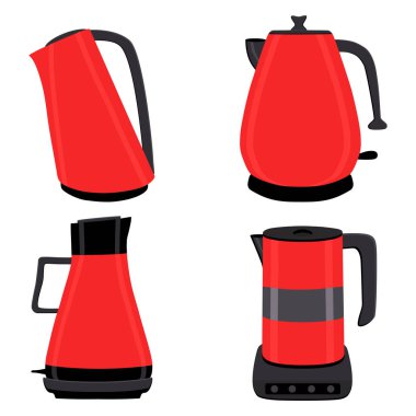 Vektör çizim renkli elektrikli çaydanlıklar, kaynar su stand kümesi için. Demir elektrikli su ısıtıcısı kulplu emzik sıvı boşaltma için oluşan çaydanlık desen. Tencere, Çaydanlık kahve çay.