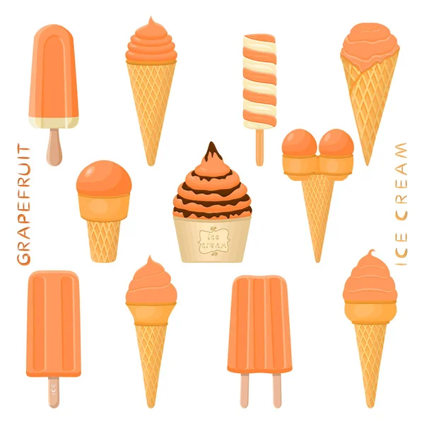 Vector Illustration Natural Grapefruit Ice Cream Stick Paper Bowls Wafer — Stock Vector