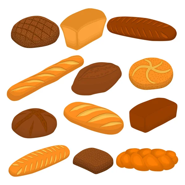 Ilustración Vectorial Conjunto Pan Horneado Ladrillo Centeno Oscuro Baguette Suave — Vector de stock