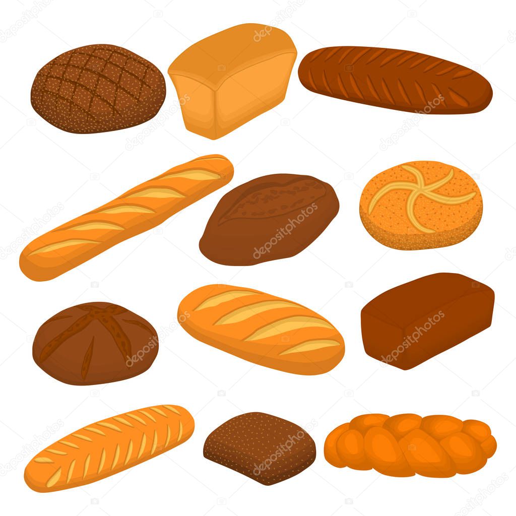 Vector illustration of set of baked bread, dark rye brick, soft baguette for bakery. Bread consisting of bakery natural tasty wheat food in sliced toasts. Bakery fresh cereal bread with various sorts