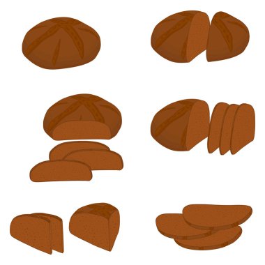 Dizi pişmiş ekmek, karanlık çavdar tuğla, yumuşak baget ekmek için vektör Illustration. Ekmek fırın doğal lezzetli buğday gıda dilimli tost oluşan. Ekmek taze tahıl ekmek ile çeşitli tür