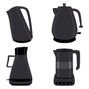 Vektör çizim renkli elektrikli çaydanlıklar, kaynar su stand kümesi için. Demir elektrikli su ısıtıcısı kulplu emzik sıvı boşaltma için oluşan çaydanlık desen. Tencere, Çaydanlık kahve çay.