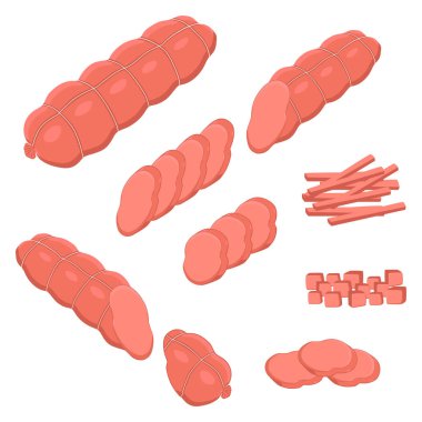 Set bütün sosis Salam için simge illüstrasyon logo vektör, domuz jambon dilim. Sosis desen doğal lezzetli yemekler et, oluşan yarım frankfurter. Sağlık üzerine taze çiğ füme dana sosis yemek.