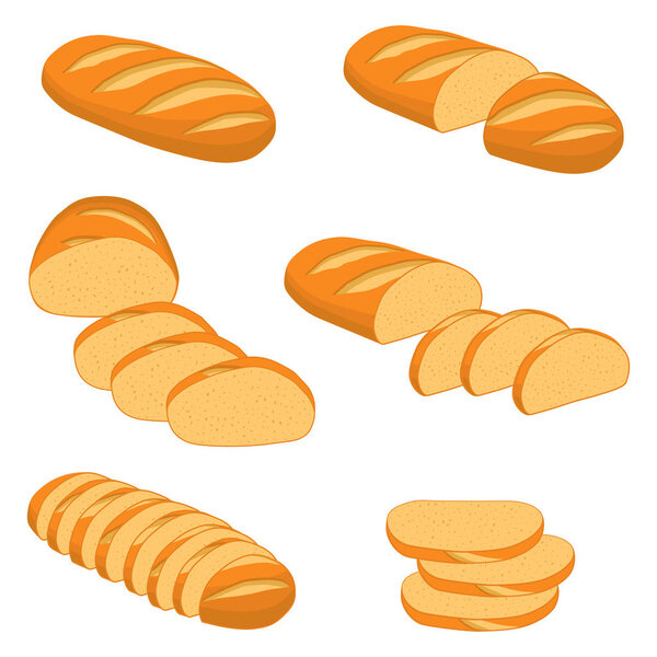 Векторная иллюстрация набора хлеба, темный ржаной кирпич, мягкий багет для пекарни. Хлеб, состоящий из хлебобулочных натуральных вкусных продуктов из пшеницы в нарезанных тостах. Пекарня свежие хлопья хлеб с различными видами

