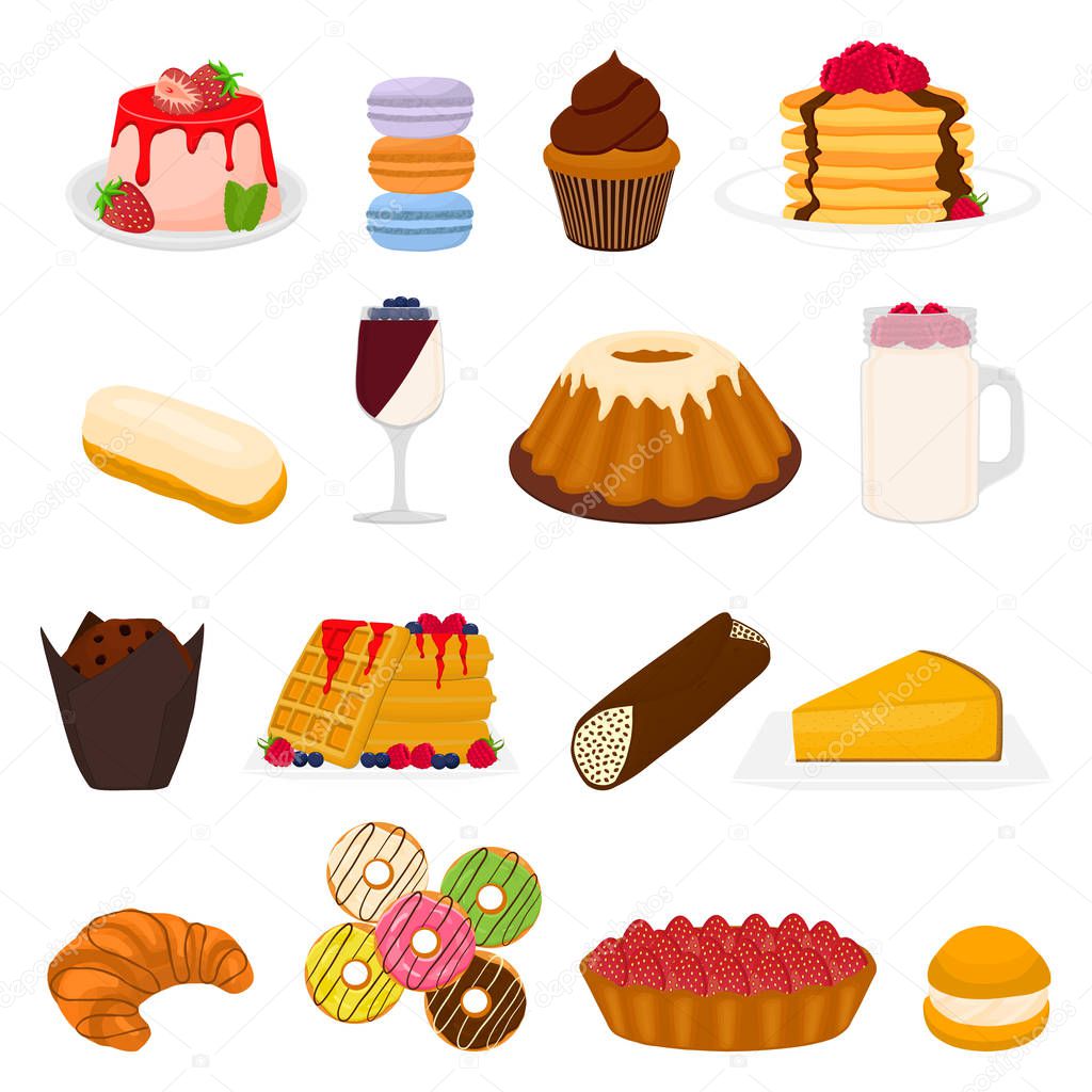 Vector icon illustration logo for big set sweet desserts on plate, meal in transparent glass crockery from berries. Dessert pattern consisting of natural tasty food. Eat fresh sweet fruit dessert.