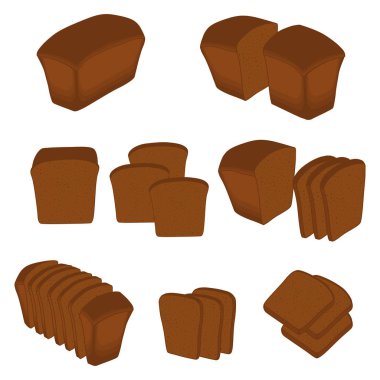 Dizi pişmiş ekmek, karanlık çavdar tuğla, yumuşak baget ekmek için vektör Illustration. Ekmek fırın doğal lezzetli buğday gıda dilimli tost oluşan. Ekmek taze tahıl ekmek ile çeşitli tür