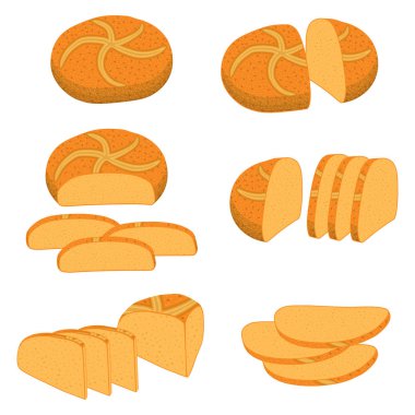 Dizi pişmiş ekmek, karanlık çavdar tuğla, yumuşak baget ekmek için vektör Illustration. Ekmek fırın doğal lezzetli buğday gıda dilimli tost oluşan. Ekmek taze tahıl ekmek ile çeşitli tür