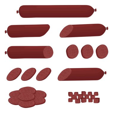 Set bütün sosis Salam için simge illüstrasyon logo vektör, domuz jambon dilim. Sosis desen doğal lezzetli yemekler et, oluşan yarım frankfurter. Sağlık üzerine taze çiğ füme dana sosis yemek.