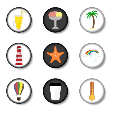 Düz renkli düğmeler üzerinde set simgeleri için vektör simge illüstrasyon logo. Simge desen işaret tasarım öğeleri mobil web apps ile oluşan. Koleksiyon modern Infographic piktogram, renkli simgeler.