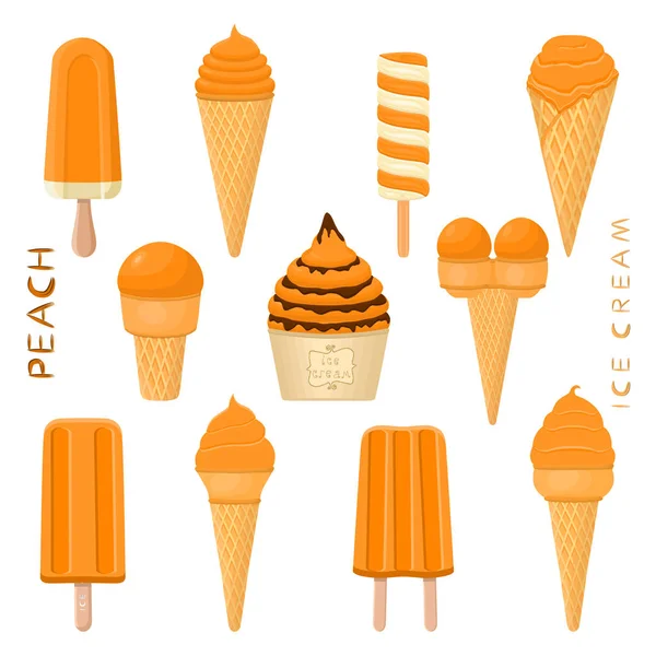 Vector Illustration Natural Peach Ice Cream Stick Paper Bowls Wafer — Stock Vector