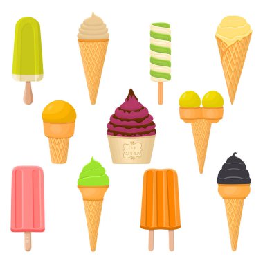 Vektör çizim set doğal renkli dondurma yemeye Stick, kağıt kaseler, gofret koniler waffle dan. Dondurma dondurulmuş tatlı tatlı soğuk dondurma ile lezzetli oluşan. Meyve dondurma uzuvlar.