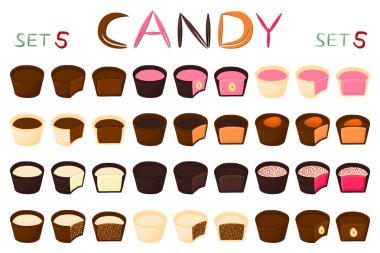 Güzel renkli çikolata tatlılar şekerlemeler üzerinden büyük dizi. Sütlü çikolata oluşan şeker tatlı doldurulmuş Nuga kaplı. Farklı şekiller ve lezzetli yemekler dışarı tür çikolata şeker koleksiyonu