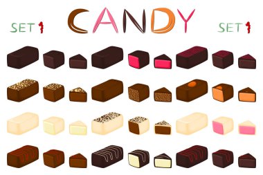 Güzel renkli çikolata tatlılar şekerlemeler üzerinden büyük dizi. Sütlü çikolata oluşan şeker tatlı doldurulmuş Nuga kaplı. Farklı şekiller ve lezzetli yemekler dışarı tür çikolata şeker koleksiyonu