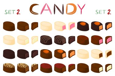 Güzel renkli çikolata tatlılar şekerlemeler üzerinden büyük dizi. Sütlü çikolata oluşan şeker tatlı doldurulmuş Nuga kaplı. Farklı şekiller ve lezzetli yemekler dışarı tür çikolata şeker koleksiyonu