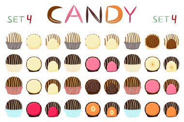 Güzel renkli çikolata tatlılar şekerlemeler üzerinden büyük dizi. Sütlü çikolata oluşan şeker tatlı doldurulmuş Nuga kaplı. Farklı şekiller ve lezzetli yemekler dışarı tür çikolata şeker koleksiyonu