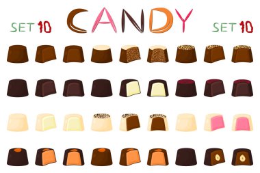 Güzel renkli çikolata tatlılar şekerlemeler üzerinden büyük dizi. Sütlü çikolata oluşan şeker tatlı doldurulmuş Nuga kaplı. Farklı şekiller ve lezzetli yemekler dışarı tür çikolata şeker koleksiyonu