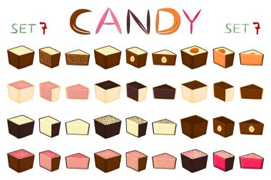 Güzel renkli çikolata tatlılar şekerlemeler üzerinden büyük dizi. Sütlü çikolata oluşan şeker tatlı doldurulmuş Nuga kaplı. Farklı şekiller ve lezzetli yemekler dışarı tür çikolata şeker koleksiyonu