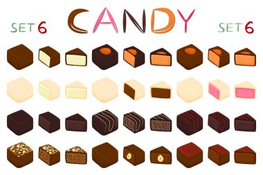 Güzel renkli çikolata tatlılar şekerlemeler üzerinden büyük dizi. Sütlü çikolata oluşan şeker tatlı doldurulmuş Nuga kaplı. Farklı şekiller ve lezzetli yemekler dışarı tür çikolata şeker koleksiyonu