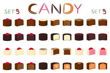 Güzel renkli çikolata tatlılar şekerlemeler üzerinden büyük dizi. Sütlü çikolata oluşan şeker tatlı doldurulmuş Nuga kaplı. Farklı şekiller ve lezzetli yemekler dışarı tür çikolata şeker koleksiyonu