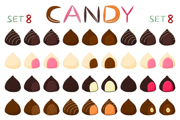 Beautiful Big Set Colorful Chocolate Desserts Candies Candy Consisting Milk — Stock Vector