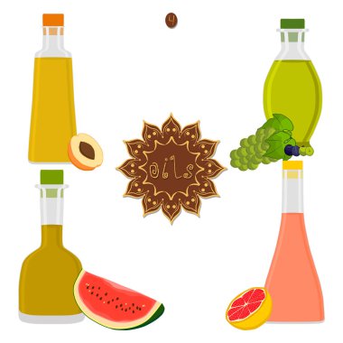 Vektör çizim için çeşitli şişe petrol, plastik kavanoz kap ile ayarlayın. Konteyner doğal organik sıvı, kozmetik krem açılan cam şişeye oluşan petrol desen. Meyve petrol şişe içinde sağlık için.