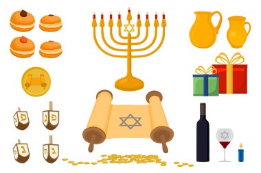 Vector illustration for Hanukkah is big Jewish holiday. Hanukkah pattern consisting of star of David, sufganiyot doughnuts, decoration menorah, clay jug with oil. Happy celebration of jewish hanukkah clipart