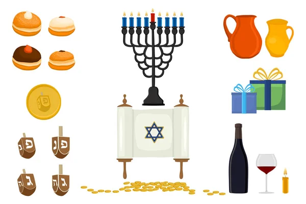 Vector illustration for Hanukkah is big Jewish holiday. Hanukkah pattern consisting of star of David, sufganiyot doughnuts, decoration menorah, clay jug with oil. Happy celebration of jewish hanukkah